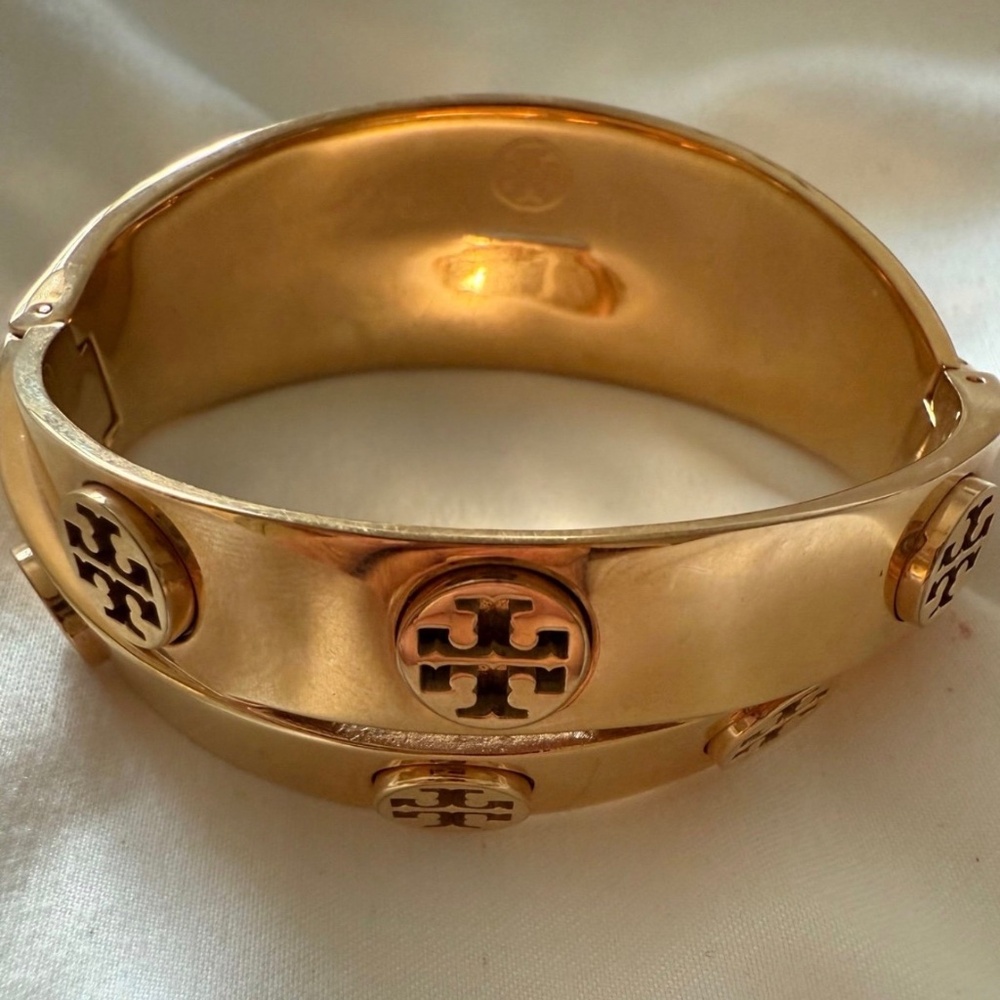 Tory Burch Metal Logo Double Hinge Wrap Bangle Bracelet Gold Tone